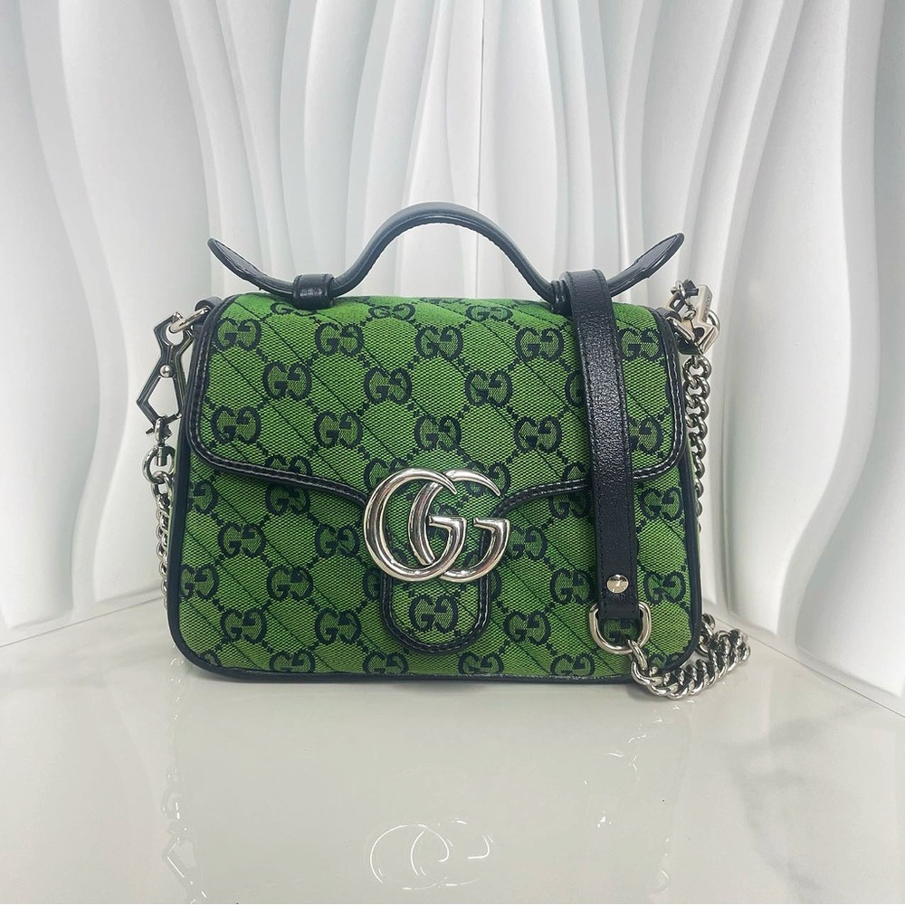 Gucci Green & Black GG Canvas Small Top Handle Bag with Chain Strap